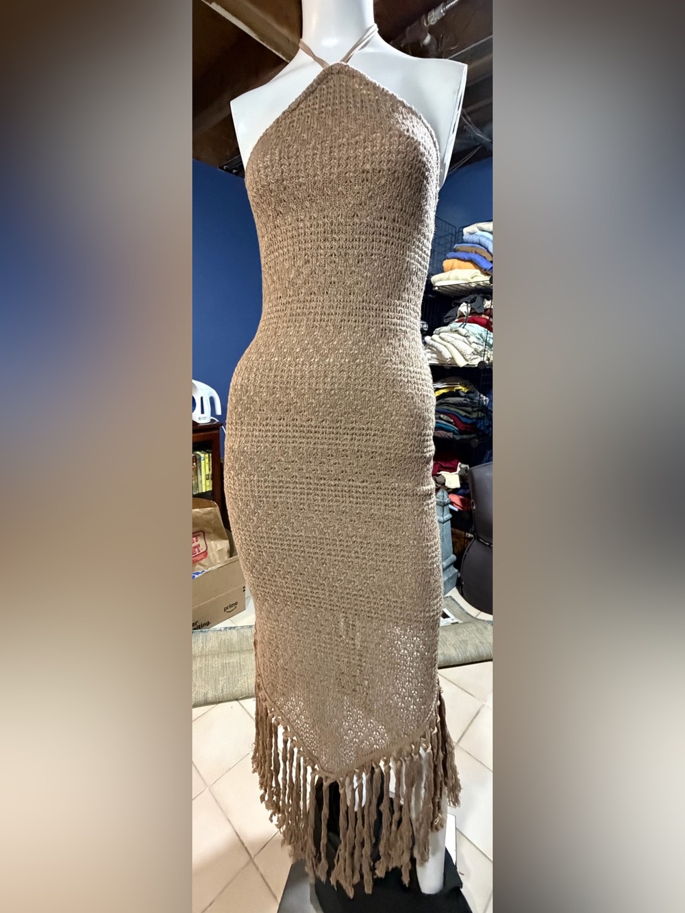 SHEIN Tan Crochet Strapless Fringe Midi Dress